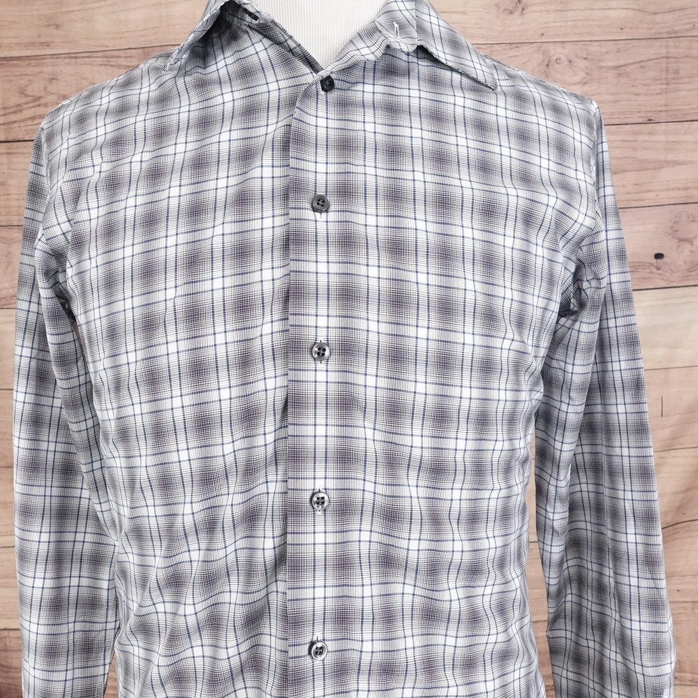 Egara Dress Shirt Mens‎ Medium Gray Plaid Slim Fit Non Iron Long Sleeve Cotton